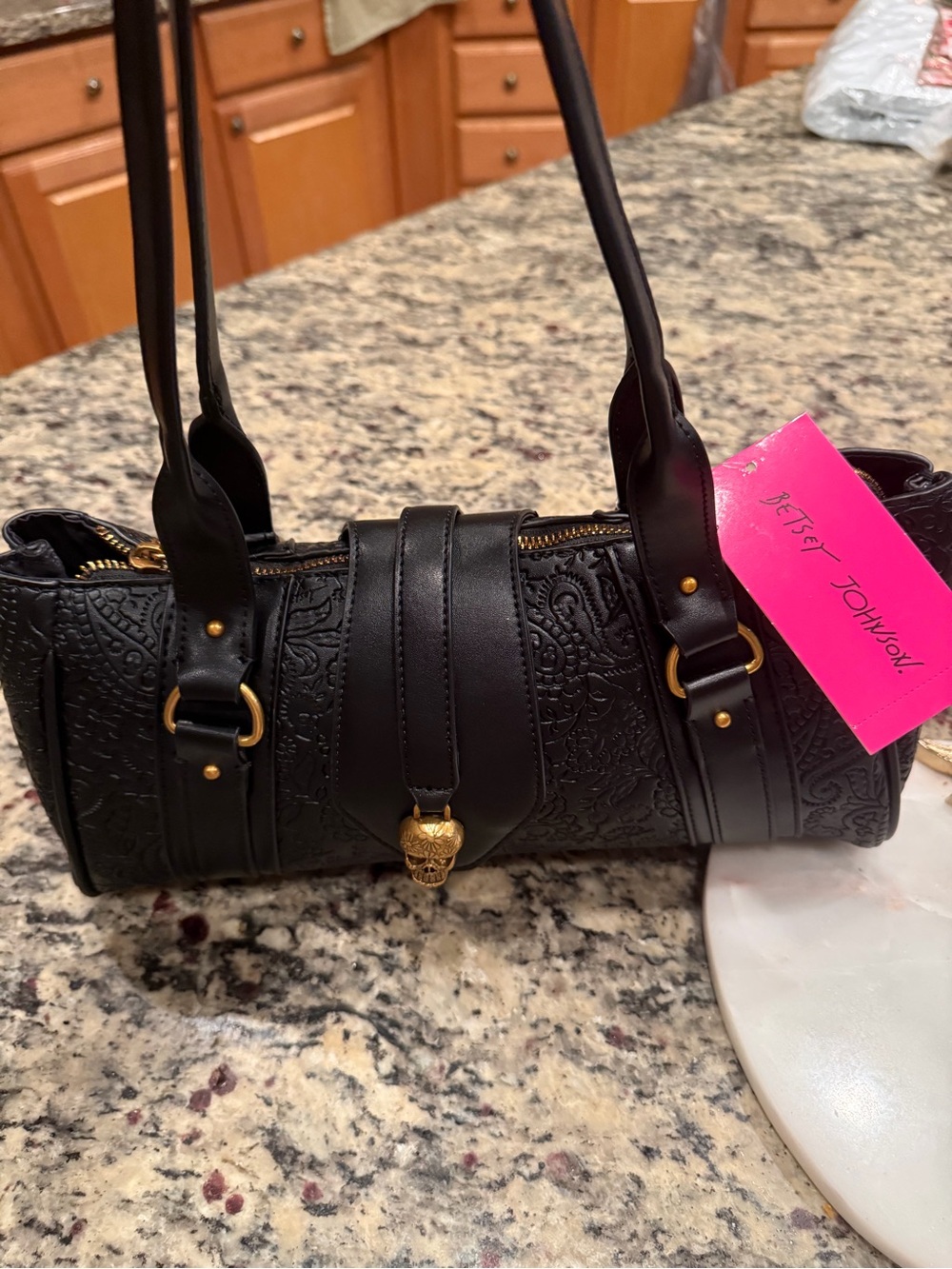 Betsey Johnson Black Embossed Barrel Satchel with Gold Skull Accent